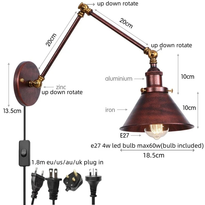 Gold Long Arm LED Wall Sconce with Pull Chain Switch, Adjustable Industrial Bedside Lamp
