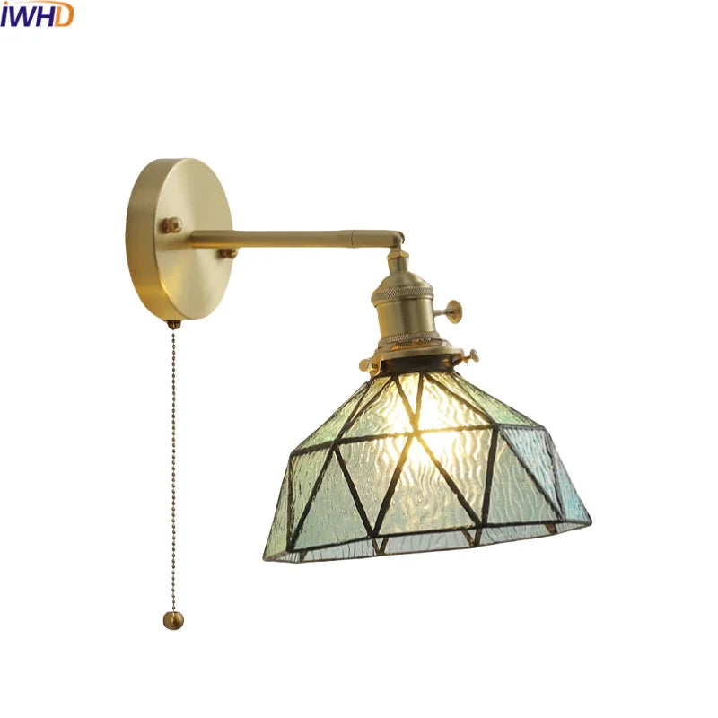 Copper Glass LED Wall Sconce Pull Chain Switch Modern Stair Light Fixtures