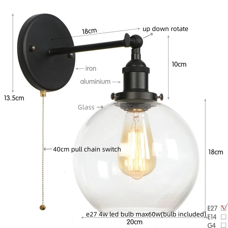 Afralia™ Glass Globe LED Wall Light Fixture Single Arm Bedside Lamp Vintage Industrial Style