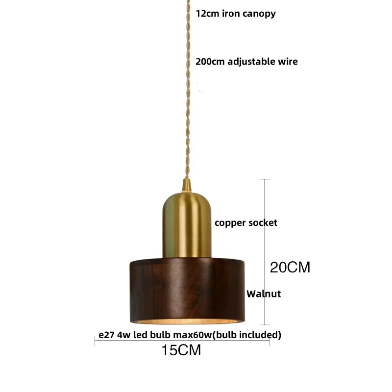 Walnut Wood LED Pendant Light Fixture: Japan Style Hanging Lamp for Bedroom and Living Room