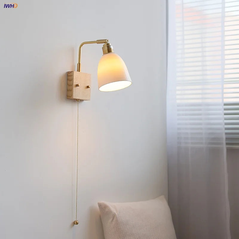 Nordic LED Wall Lights Pull Chain Switch Bedside Lamp Walnut Ash Glass Copper