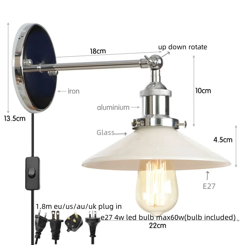 White Glass LED Wall Light Sconce Vintage Bedroom Lamp Industrial Wall Lights
