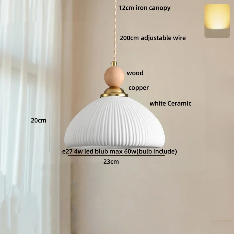 White Ceramic LED Pendant Lamp Copper Modern Wood Nordic Hanging Lights