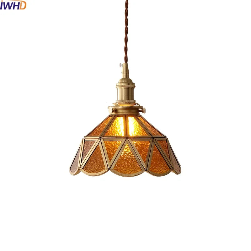 Amber Glass LED Pendant Light - Nordic Modern Copper Suspension Luminaire for Home