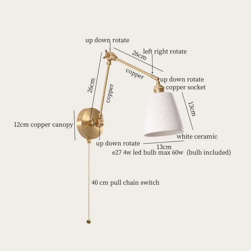 Ceramic LED Wall Lamp with Pull Chain Switch for Stair, Bathroom, Living Room