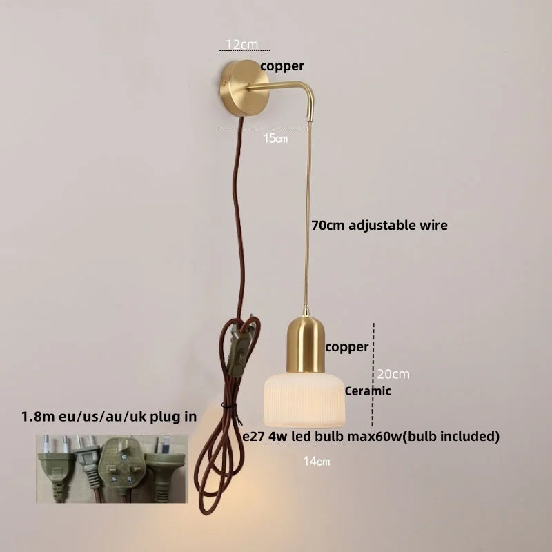 Ceramic LED Wall Sconce with Walnut Wood Pull Chain Switch - Nordic Style