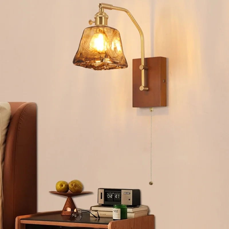 LED Glass & Wood Wall Lamp with Pull Chain Switch for Living Room, Bedroom, Bathroom
