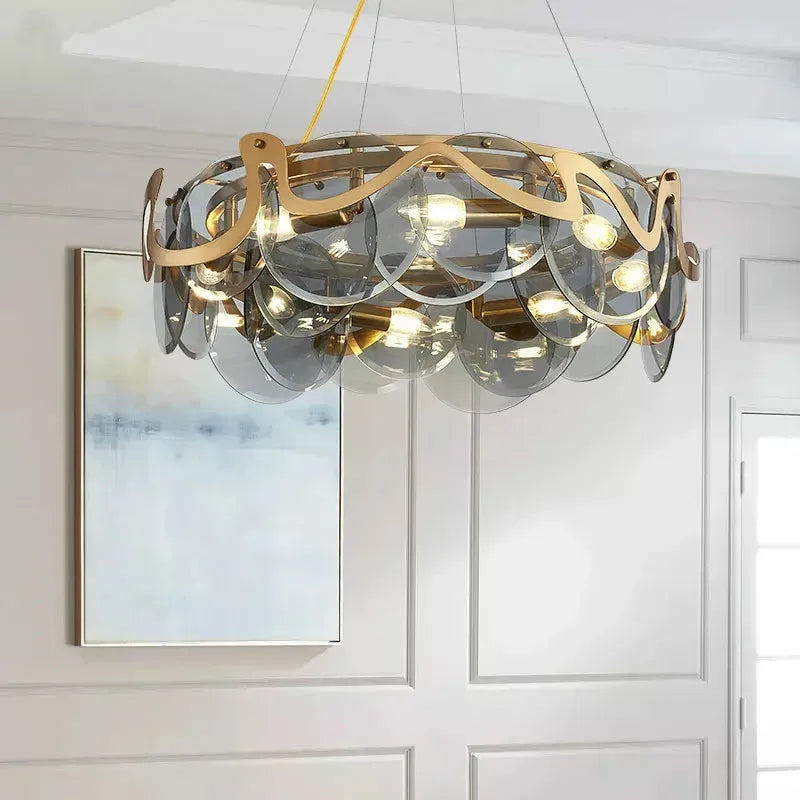 Nordic Gold Iron Pendant Light Disc Chandelier Luxury Glass for Living Room