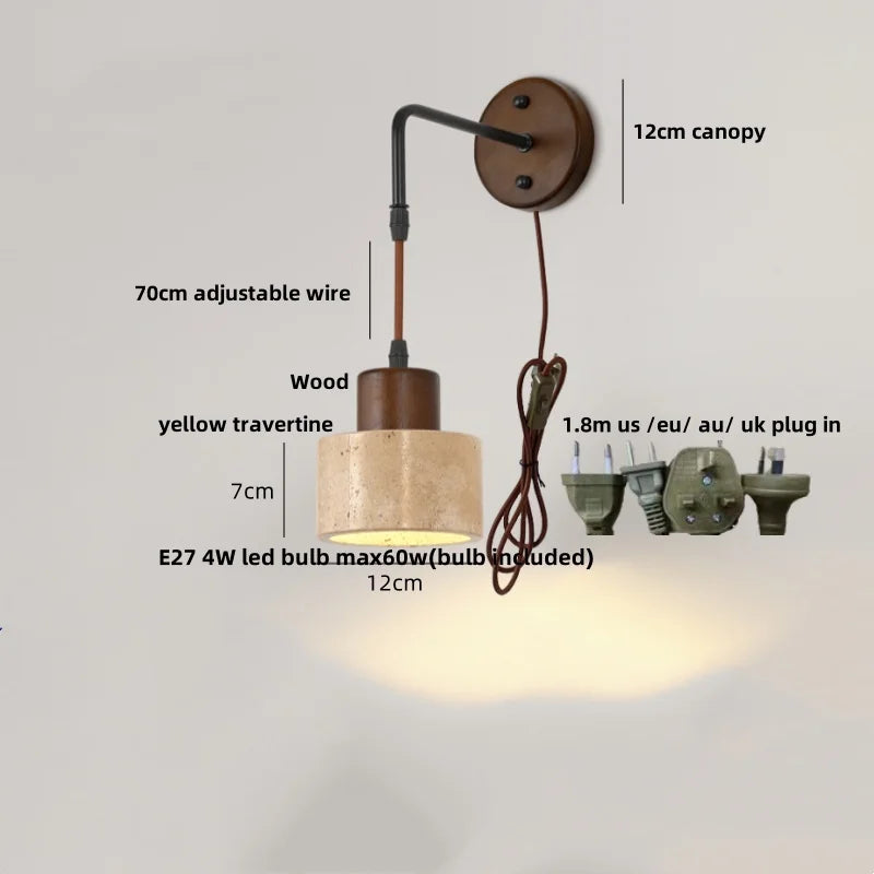 Wood Canopy LED Wall Sconce Yellow Travertine Stone Pull Chain Switch