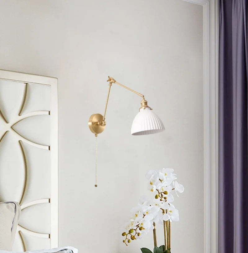 Ceramic LED Wall Lamp, Pull Chain Switch, Nordic Copper, Small Size