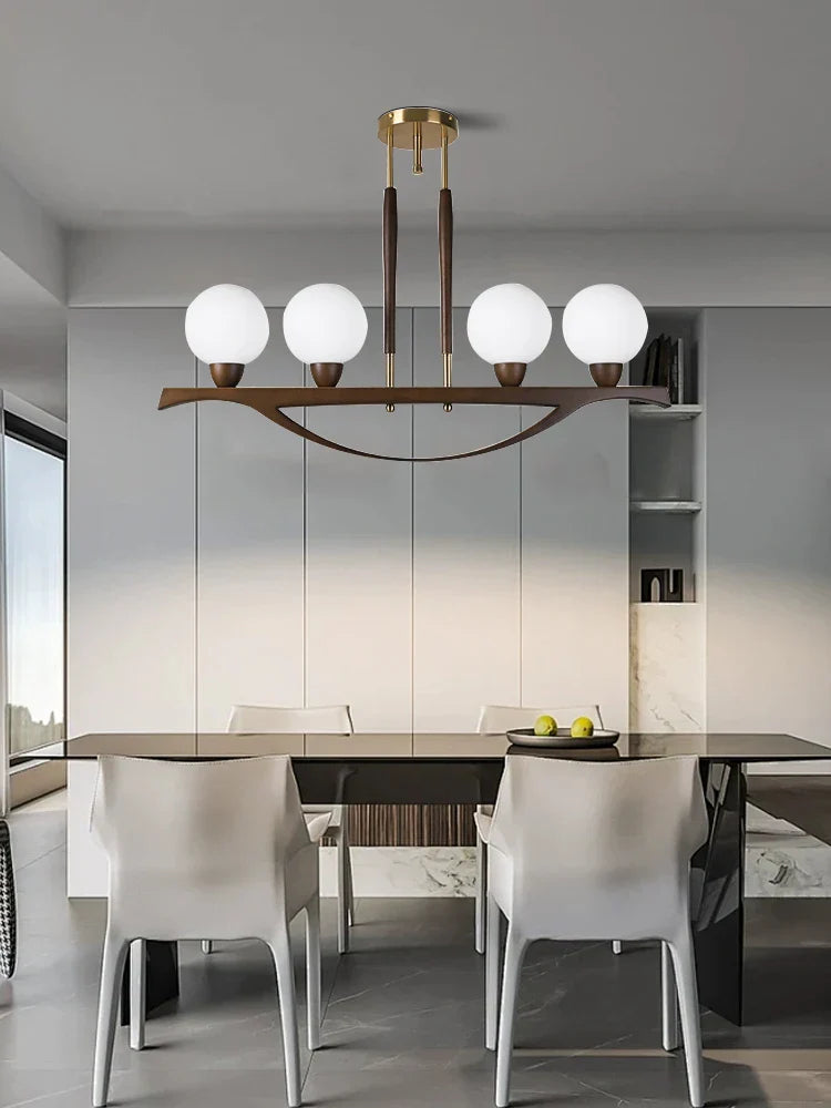 White Glass Ball Chandelier Dimmable Wooden Modern Dining Room Light