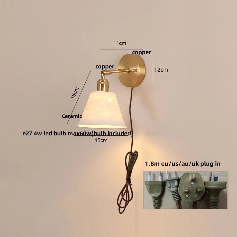 Copper LED Wall Light Pull Chain Switch Modern Ceramic Bedside Lamp