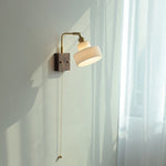 White Glass LED Wall Light Fixture Walnut Wood Brass Pull Chain Switch