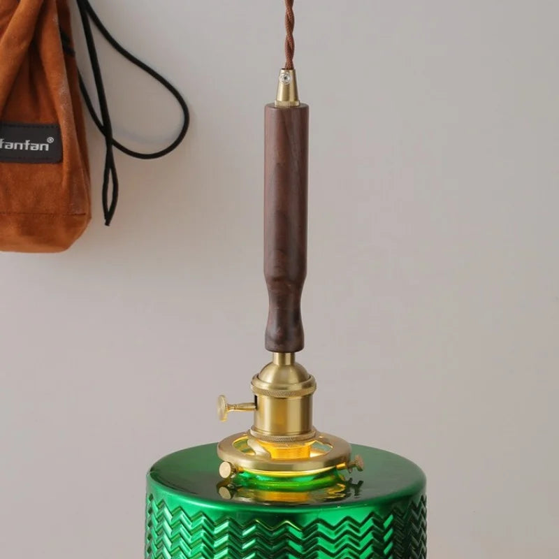 Modern Walnut Wood LED Pendant Lights with Green Glass & Copper Knob Switch