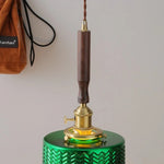 Modern Walnut Wood LED Pendant Lights with Green Glass & Copper Knob Switch