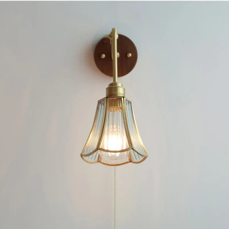 Copper Rotate Arm LED Wall Light: Clear Glass Walnut Bedside Lamp