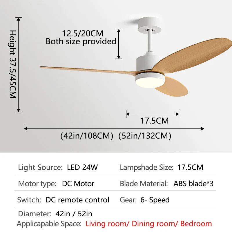 52" Modern DC Ceiling Fan with Remote Control for Home and Restaurant