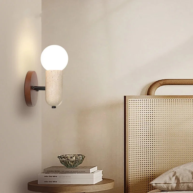 Wood & Travertine LED Wall Sconce with Pull Chain Switch