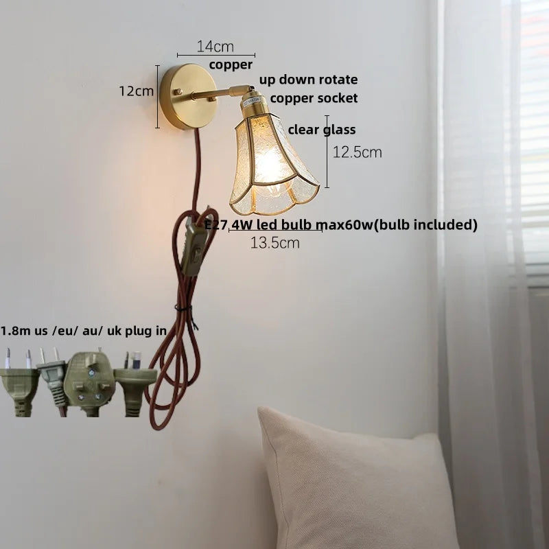 Copper LED Wall Lights with Glass Shade & Pull Chain Switch