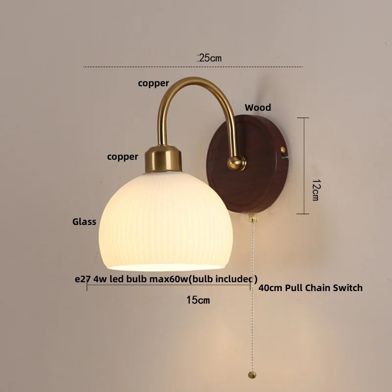 Afralia™ LED Wall Light Glass Fixture Pull Chain Switch Wood Bedside Sconce