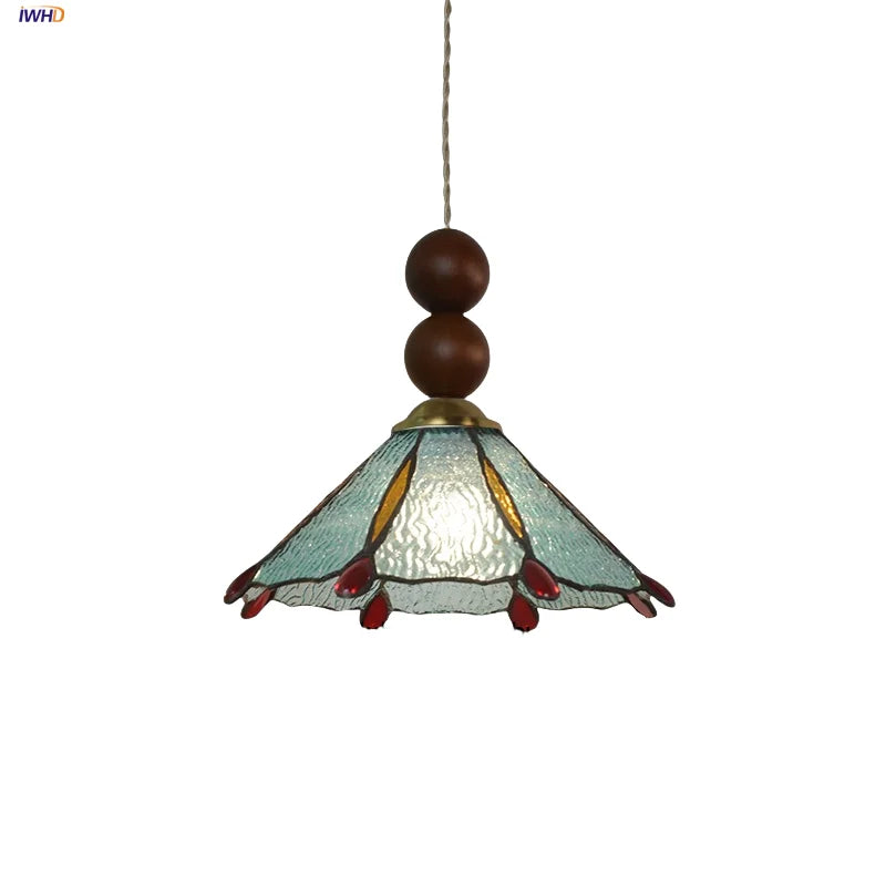 Afralia™ Tiffany Wood Globe LED Pendant Lamp for Kitchen Cafe Reading, Gold Copper Blue Glass