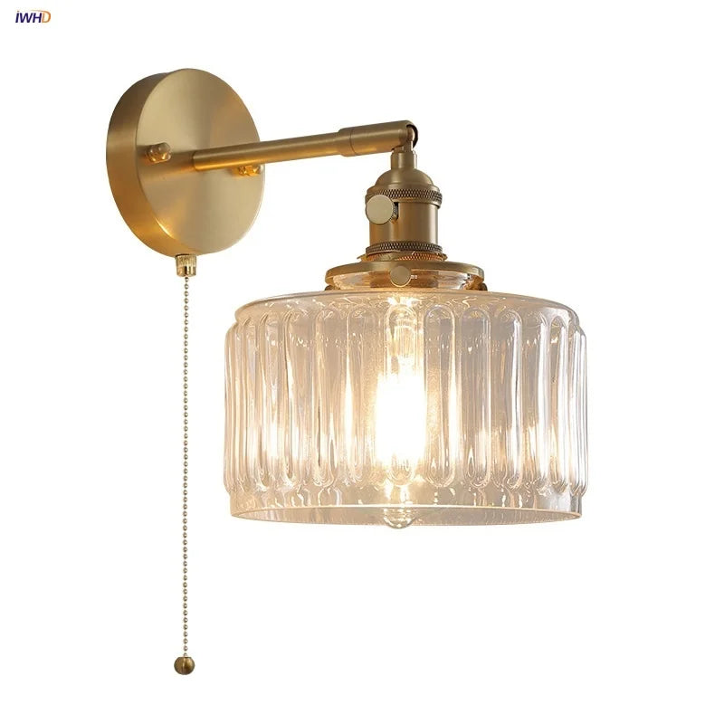 Copper Pull Chain LED Wall Light with Clear Glass Rotate Bedside Lamp