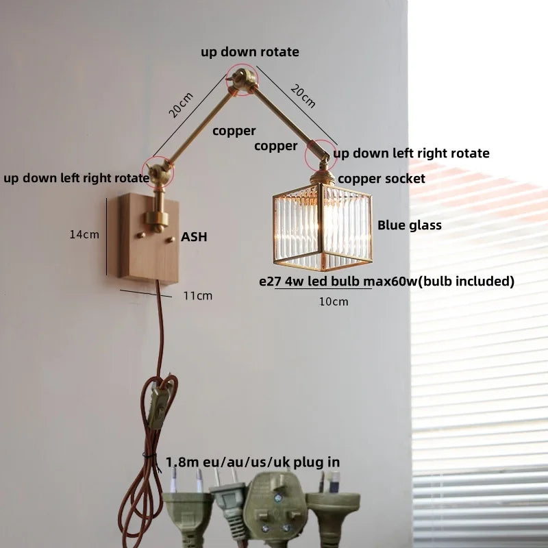 Ash Wood LED Wall Lights Swing Arms Blue Glass Bedside Lamp