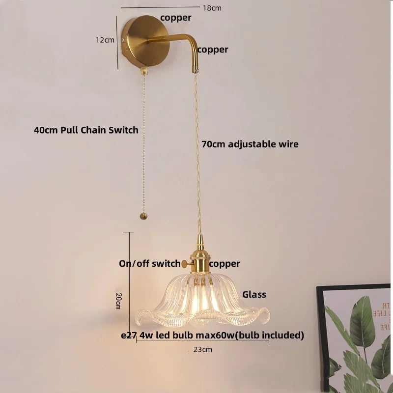Glass Copper LED Wall Sconce | Pull Chain Switch | Adjustable Bathroom Light