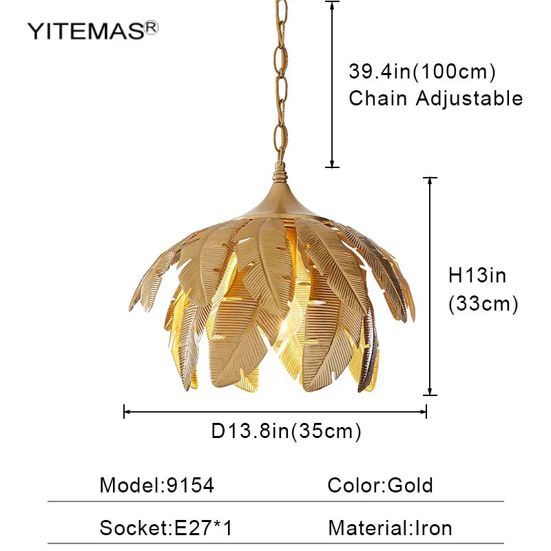 Gold Leaves Chandelier Small Pendant Lighting for Kitchen Island Hallway E27 Socket