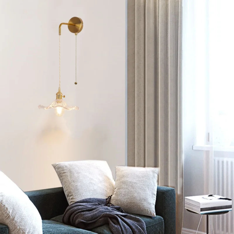 Glass Copper LED Wall Sconce | Pull Chain Switch | Adjustable Bathroom Light