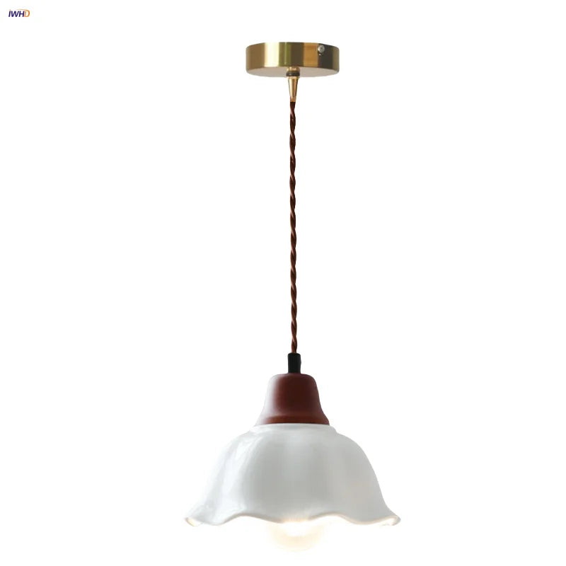 Afralia™ White Flower Ceramic LED Pendant Lamp Wood Japan Style Hang Lamp
