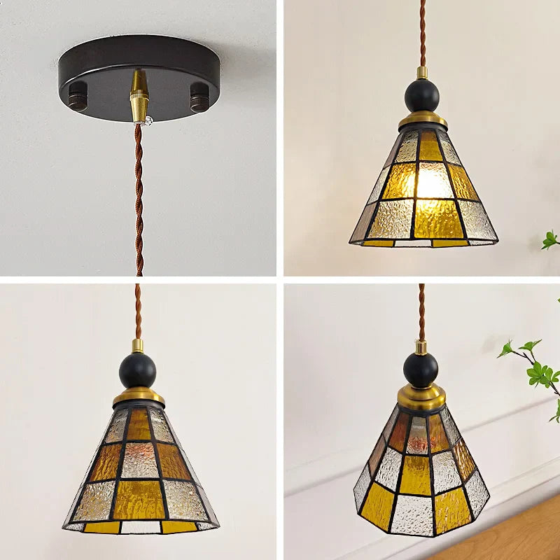 Afralia™ Tiffany Glass Wood LED Pendant Lamp Adjustable Hanging Light Fixture