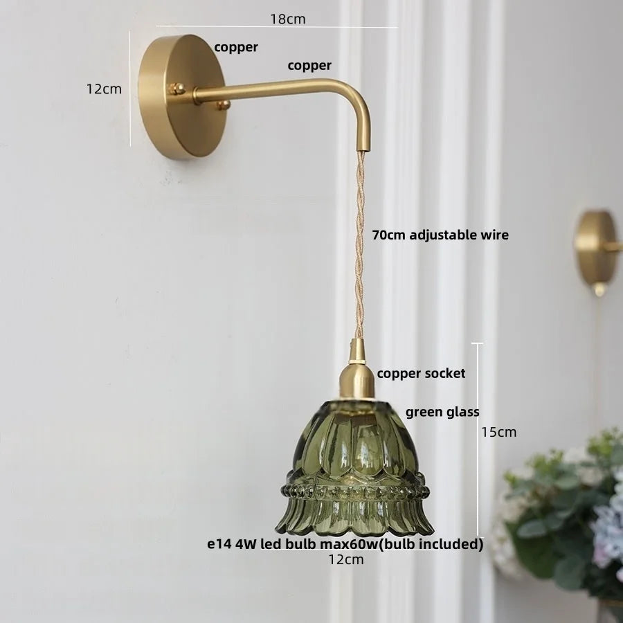 Amber Glass LED Wall Light with Pull Chain Switch, Modern Nordic Flower Wall Sconce
