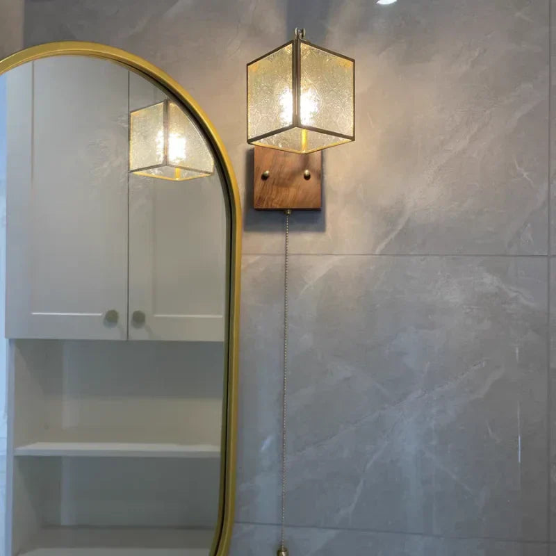Wood Cube Glass LED Wall Lights with Pull Chain Switch for Modern Interiors