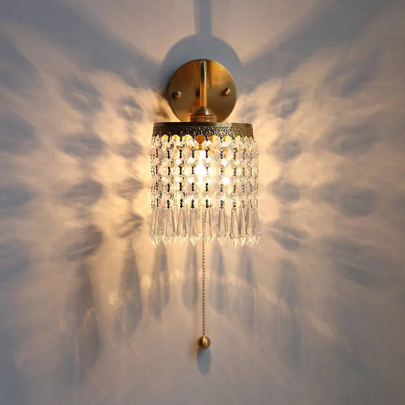Crystal LED Wall Sconce Pull Chain Switch Brass Mirror Light