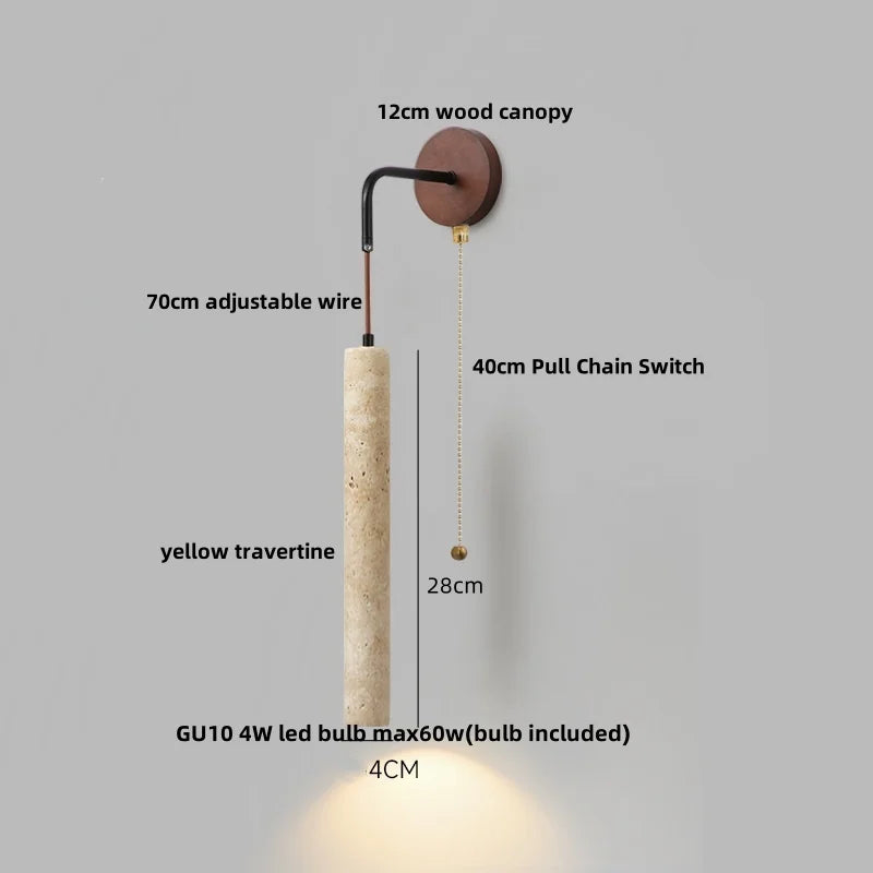 Wood LED Wall Lamp Yellow Travertine Pull Chain Switch Modern Nordic Style