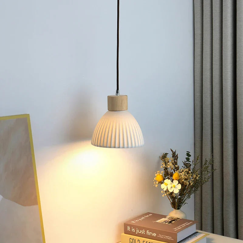 Wood LED Pendant Lamp White Ceramic Ball Hanging Lights