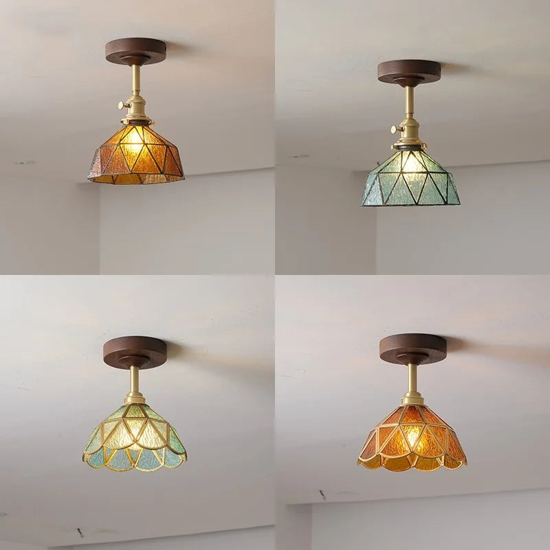 Amber Glass LED Ceiling Light Modern Wood Canopy Kids Room Fixture