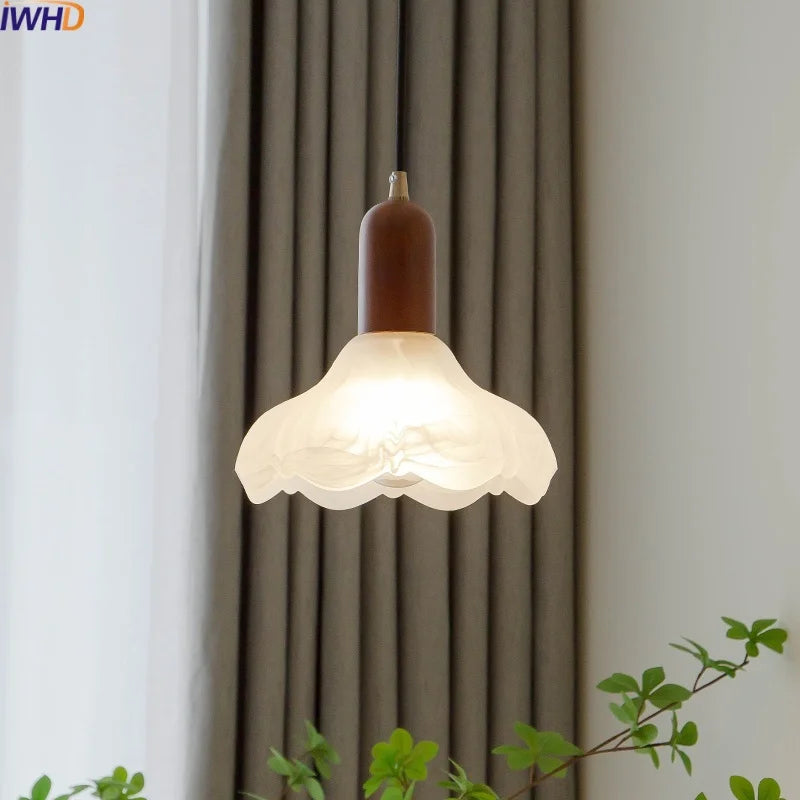 Wood Glass LED Pendant Light Suspension Luminaire for Home Decor