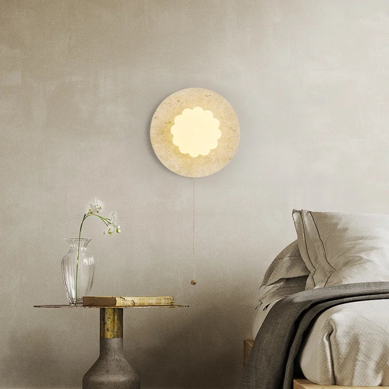 Afralia™ Modern Cotton LED Wall Lamp Pull Chain Switch Yellow Travertine Nordic Bedroom Living Room