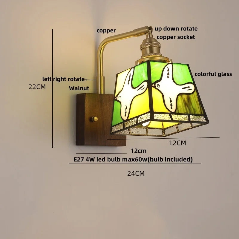 Amber Glass LED Wall Sconce with Walnut Wood, Pull Chain Switch for Living Room