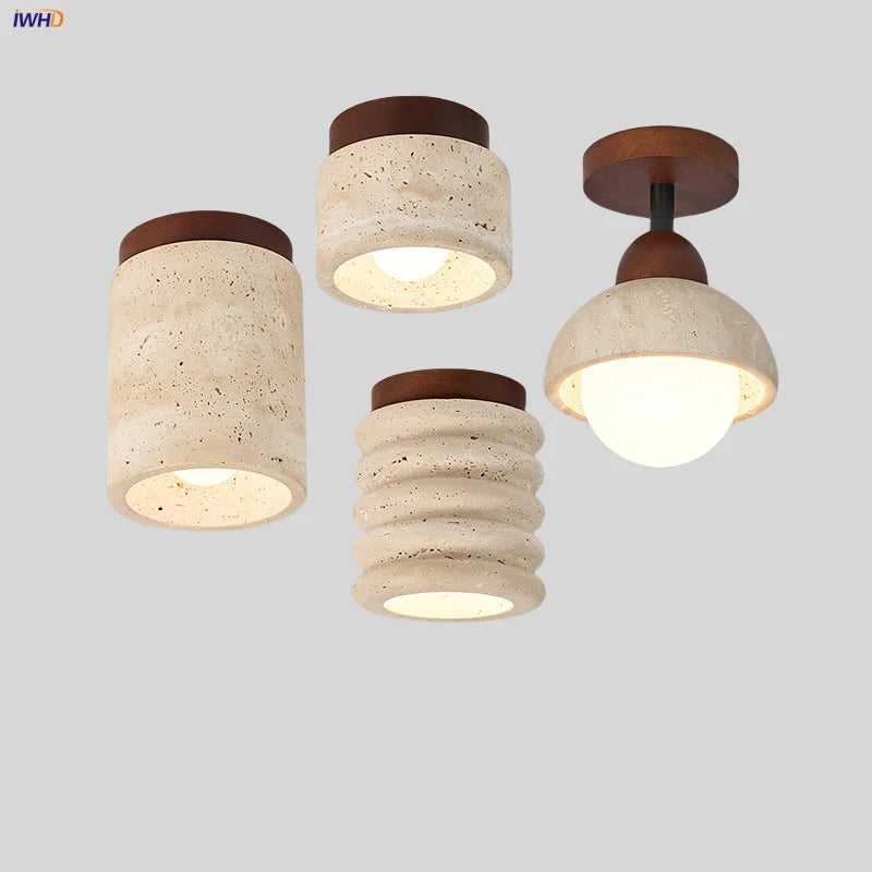 LED Travertine Wood Ceiling Light Fixture - Modern Nordic Restaurant Balcony Lamp