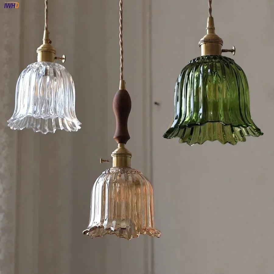 Walnut Wood LED Pendant Light Fixture with Glass Lampshade and Knob Switch