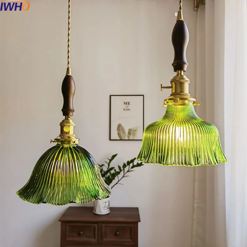 Japanese Style Green Glass LED Pendant Chandelier for Home Decor