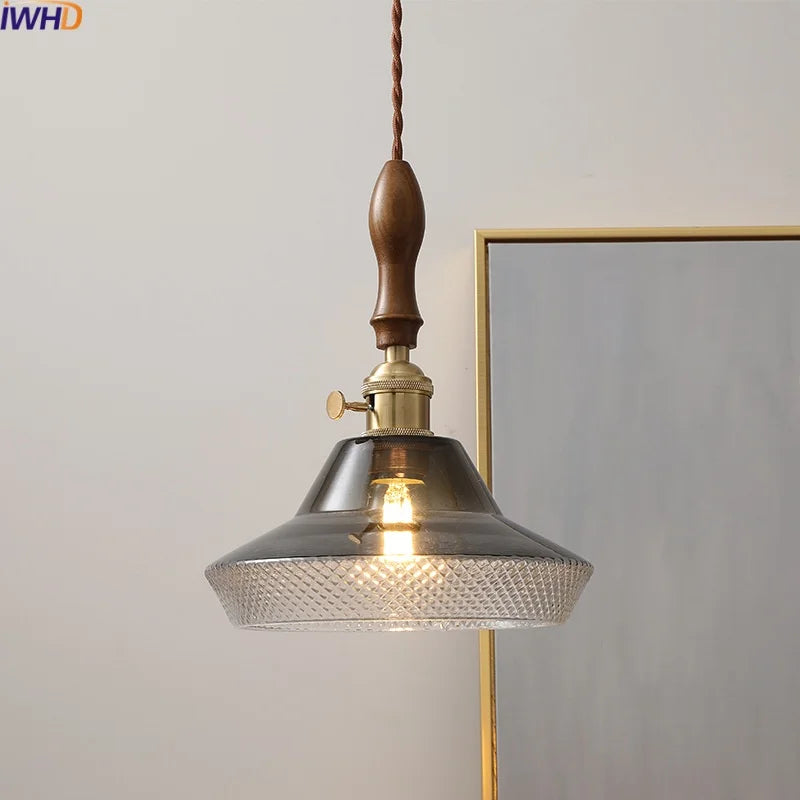 Wood Copper LED Pendant Light - Nordic Hanging Lamp for Bedroom Dining Hallway