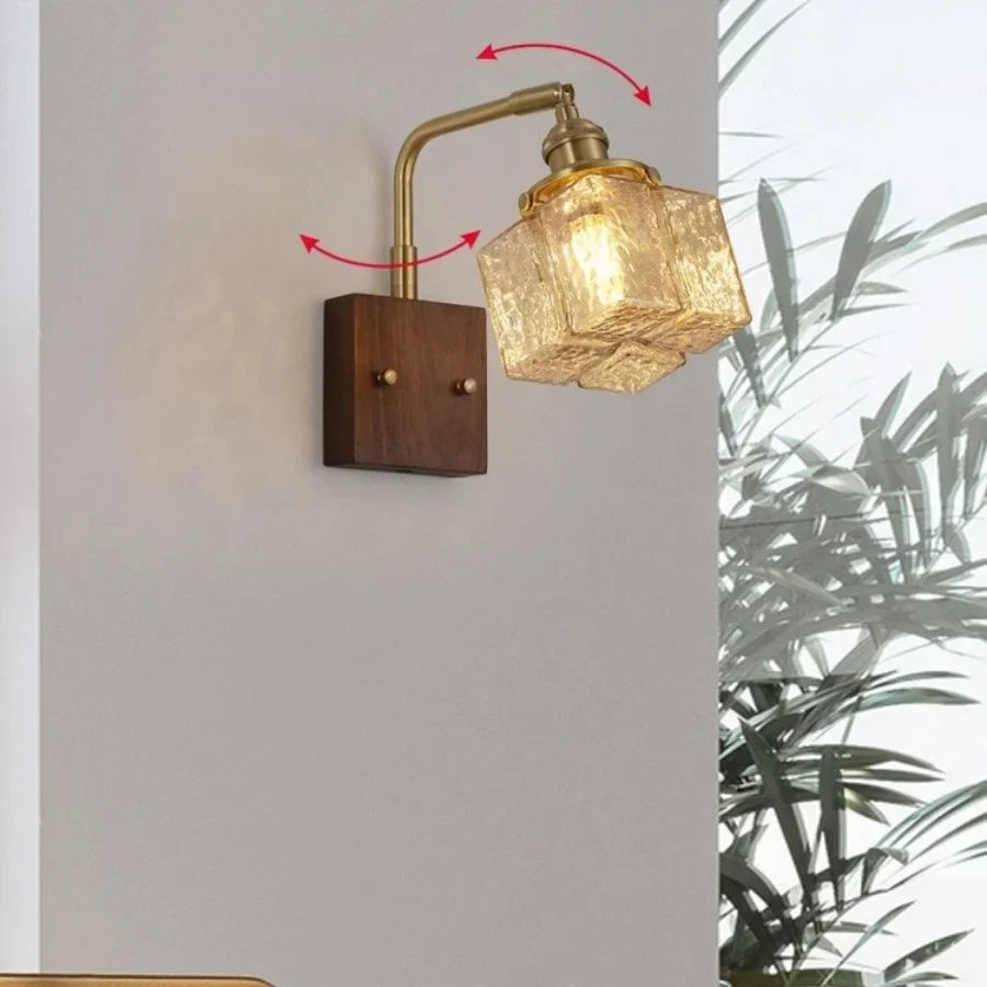 Amber Glass LED Wall Sconce with Walnut Wood, Pull Chain Switch for Living Room
