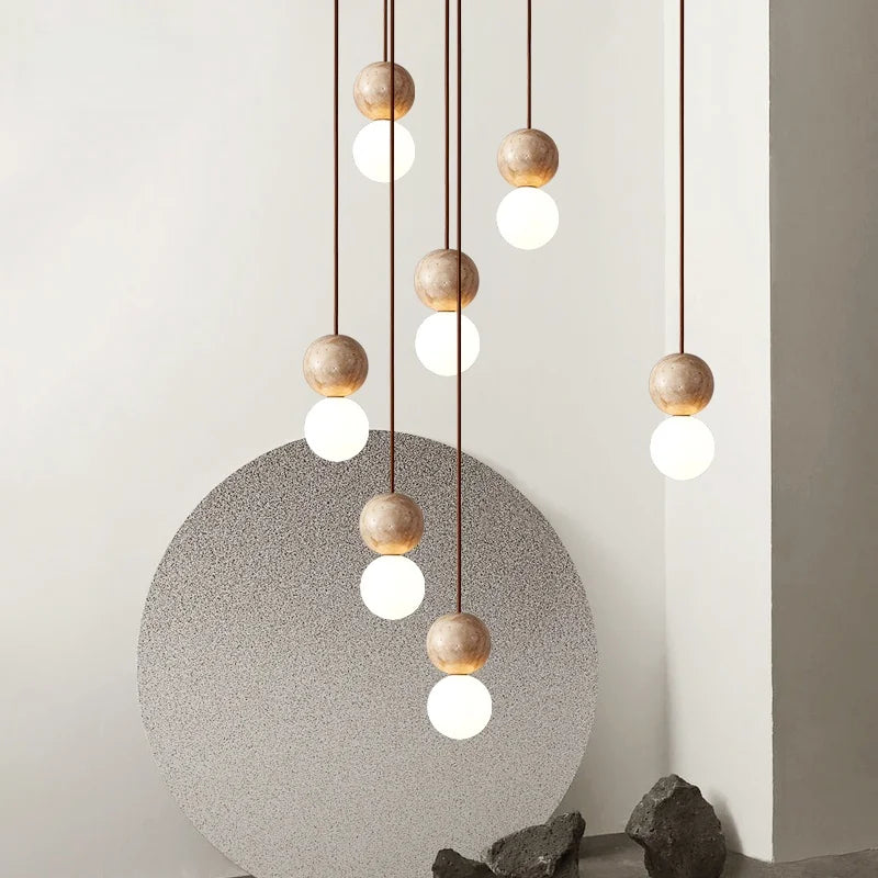 Afralia™ Stone Glass LED Hanging Lamp for Living & Dining Room, Yellow Travertine Nordic Pendant Lighting