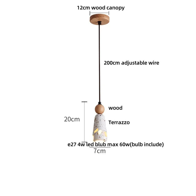 Terrazzo Brown Wood LED Pendant Light Fixture Stone Hanging Lamp