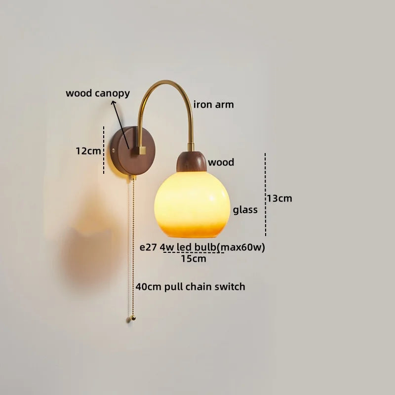 LED Wall Sconce Pull Chain Switch Modern Stair Lights Glass Wood