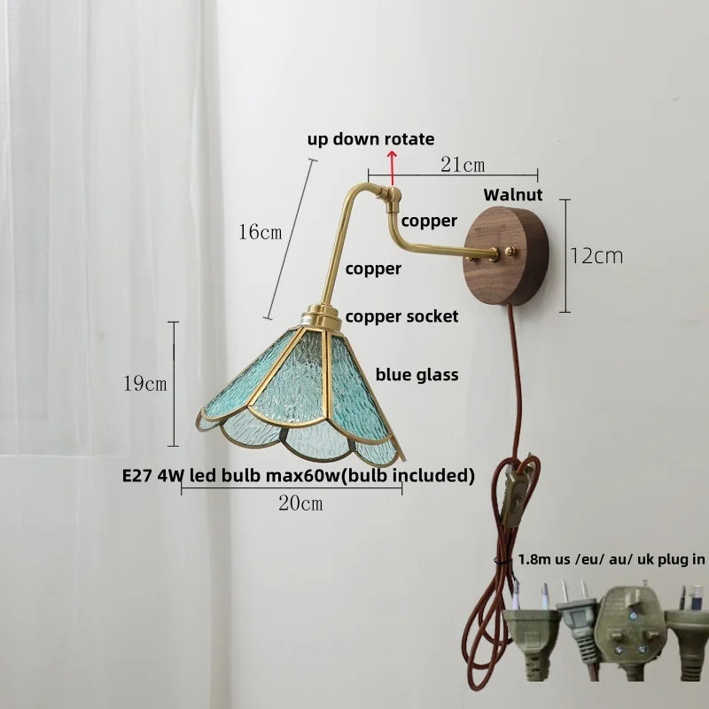 Rotating Copper LED Wall Light with Pull Chain Switch and Walnut Base